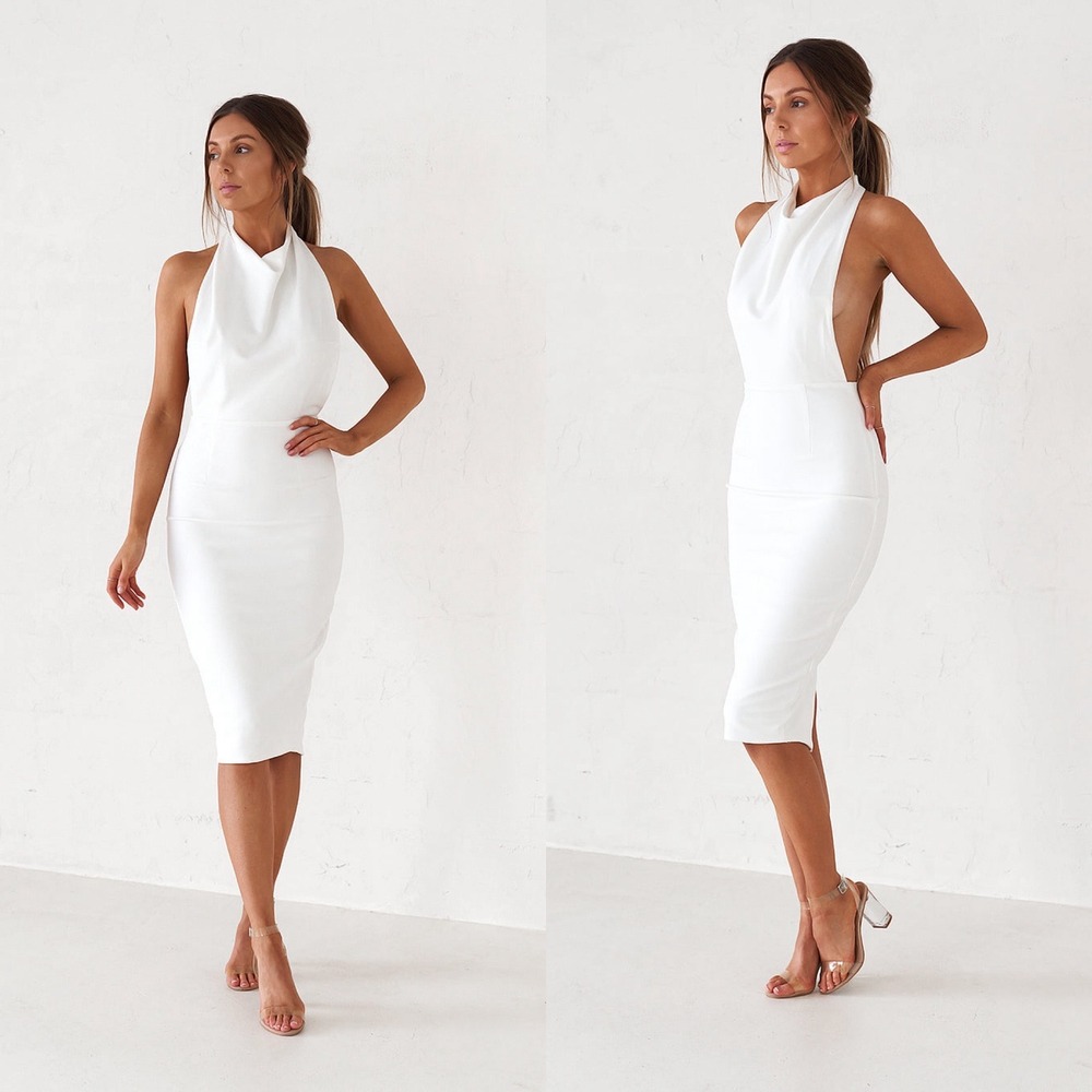 NWT Old Sport‎ Backless Midi Dress in Vintage White Cowl Halter Neck Bridal
